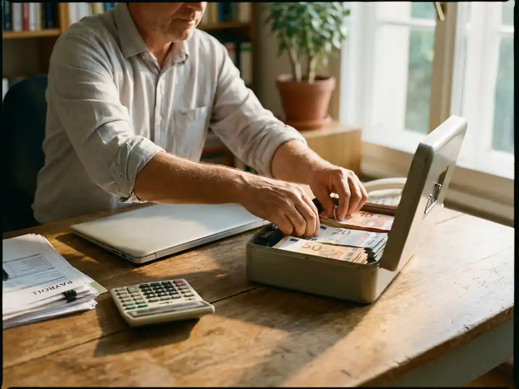 Kleine ondernemer organiseert stapels eurobiljetten op houten bureau naast laptop en salarisadministratie documenten