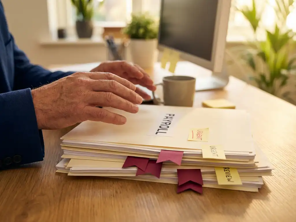 Stapel salarisadministratie documenten met rode waarschuwingsvlaggetjes op modern bureau, bezorgde ondernemer handen boven papieren