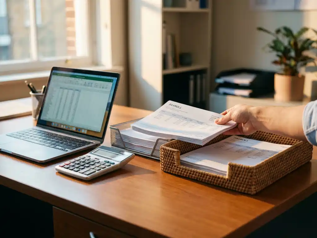 HR-consultant organiseert salarisadministratie documenten op bureau met calculator en laptop met spreadsheet data