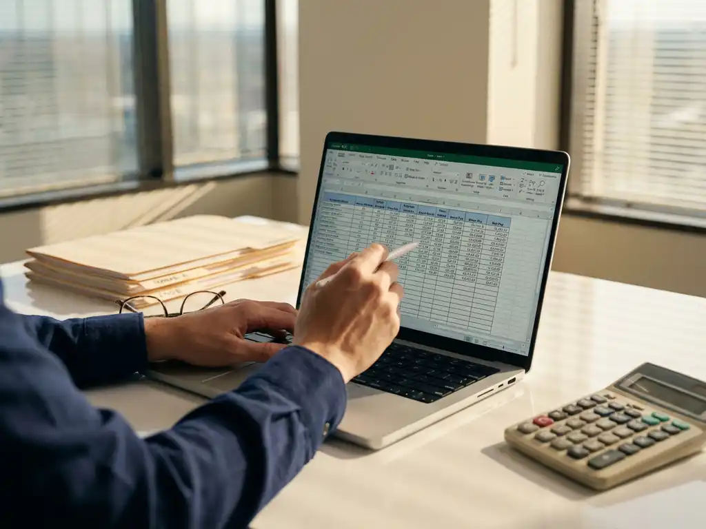 HR-consultant bekijkt loonstrookspreadsheet op laptop met mappen en rekenmachine op wit bureau bij natuurlijk licht