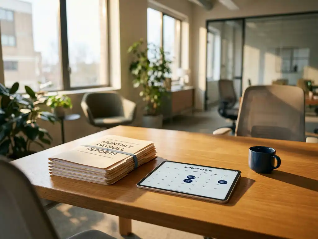 Houten bureau met stapel salarisrapporten gebonden met blauw lint, tablet met digitale kalender en koffiekop in modern kantoor