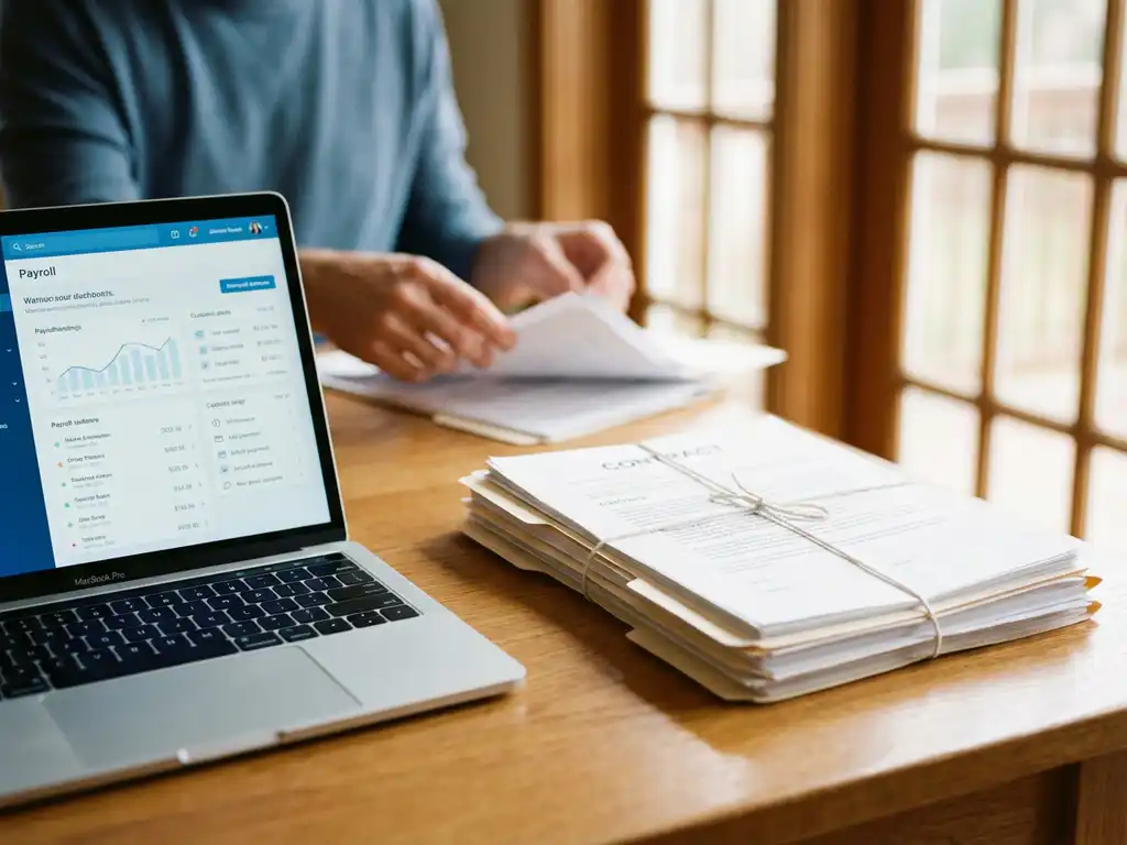 Laptop met salarisadministratie software naast stapel personeelsdossiers op houten bureau, HR-consultant organiseert documenten op achtergrond