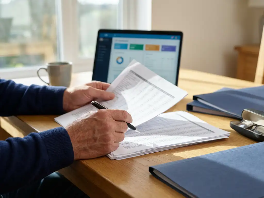 Zakelijke handen controleren salarisadministratie documenten op eiken bureau met laptop HR dashboard op achtergrond