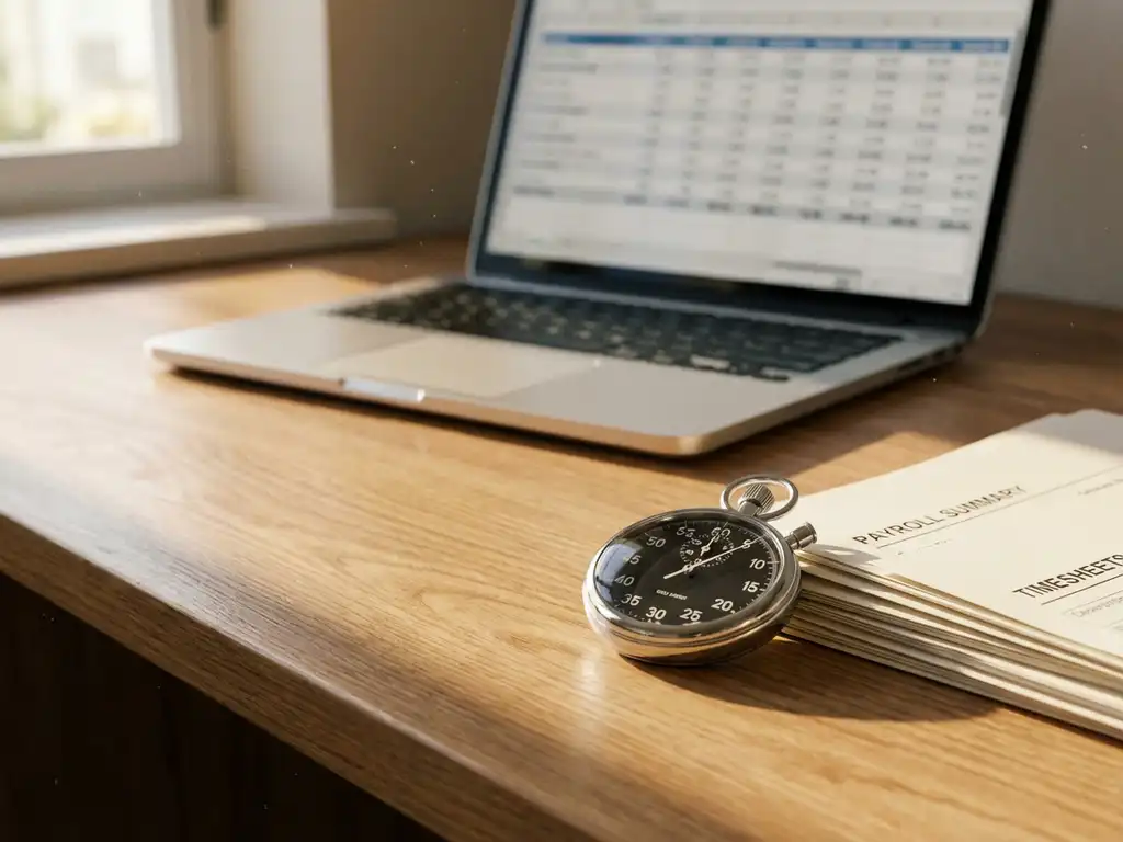 Zilveren stopwatch naast georganiseerde salarisadministratie documenten op moderne houten bureau met laptop op achtergrond