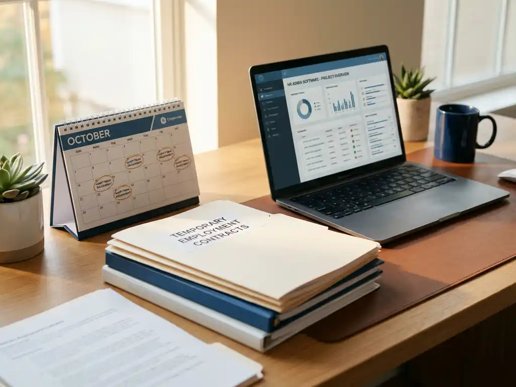 HR-consultant bureau met tijdelijke arbeidscontracten, laptop met administratieve software en kalender met kortetermijnopdrachten