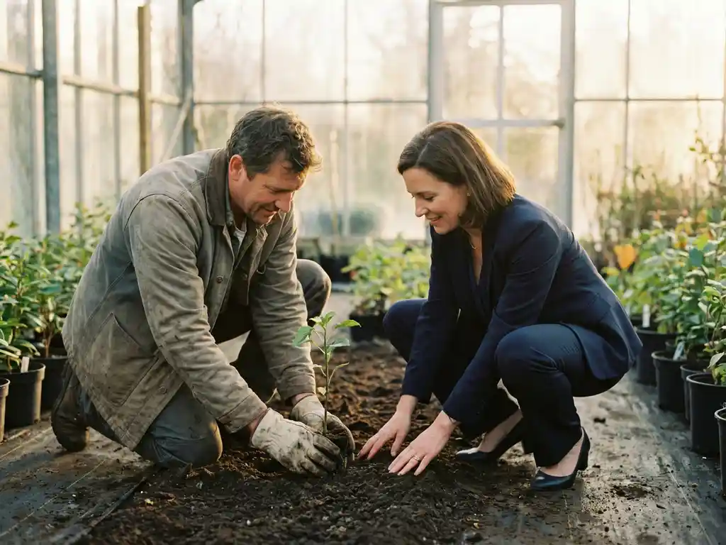 Tuinman in werkhandschoenen plant jonge boom terwijl zakenvrouw in pak toekijkt in kas met warme verlichting