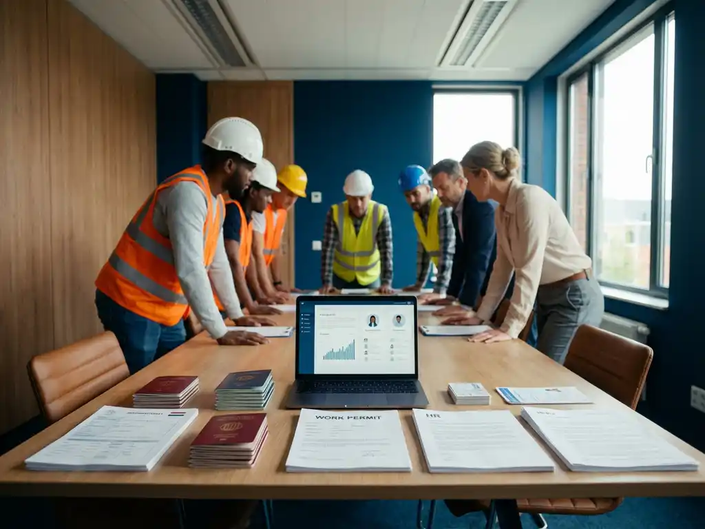 Diverse groep bouwvakkers en kantoormedewerkers rond conferentietafel met paspoorten, werkvergunningen en HR-documenten in modern Nederlands kantoor