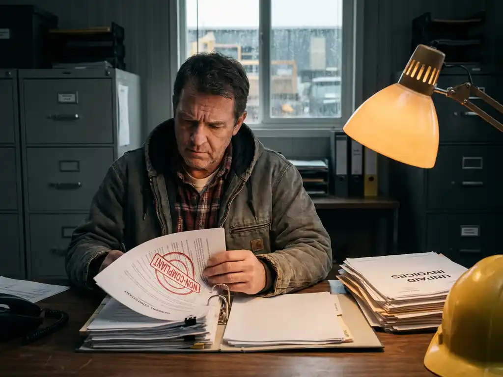 Aannemer bestudeert nalevingsdocument met rode waarschuwingsstempel aan bouwkantoor bureau, harde hoed en onbetaalde facturen zichtbaar.