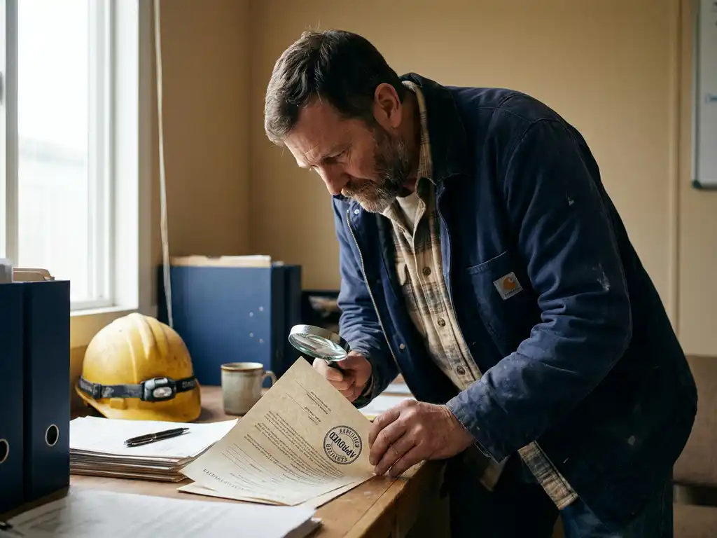 Aannemer in werkkleding bestudeert officieel gecertificeerd overheidsdocument aan bureautafel, met helm en pen op de voorgrond.