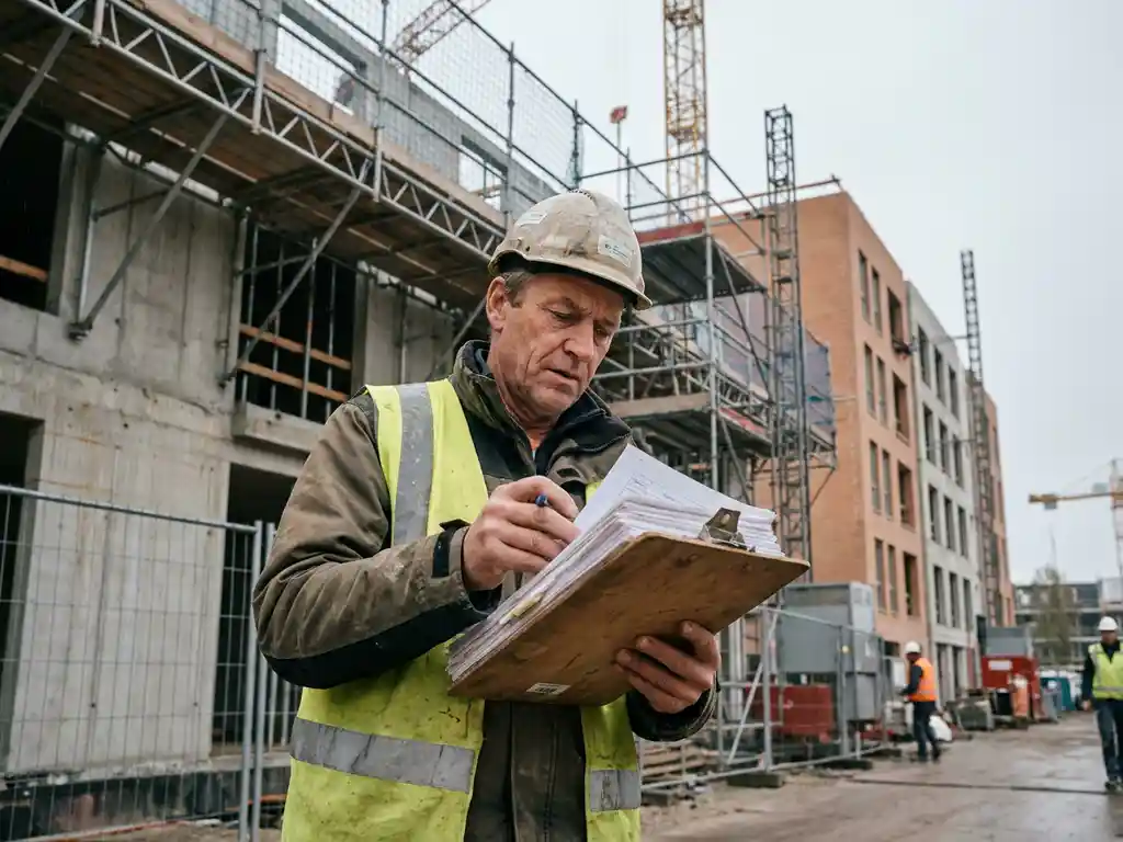 Aannemer bestudeert onderaannemerscontract op klembord bij actieve bouwplaats met steigers en betonwanden op de achtergrond.