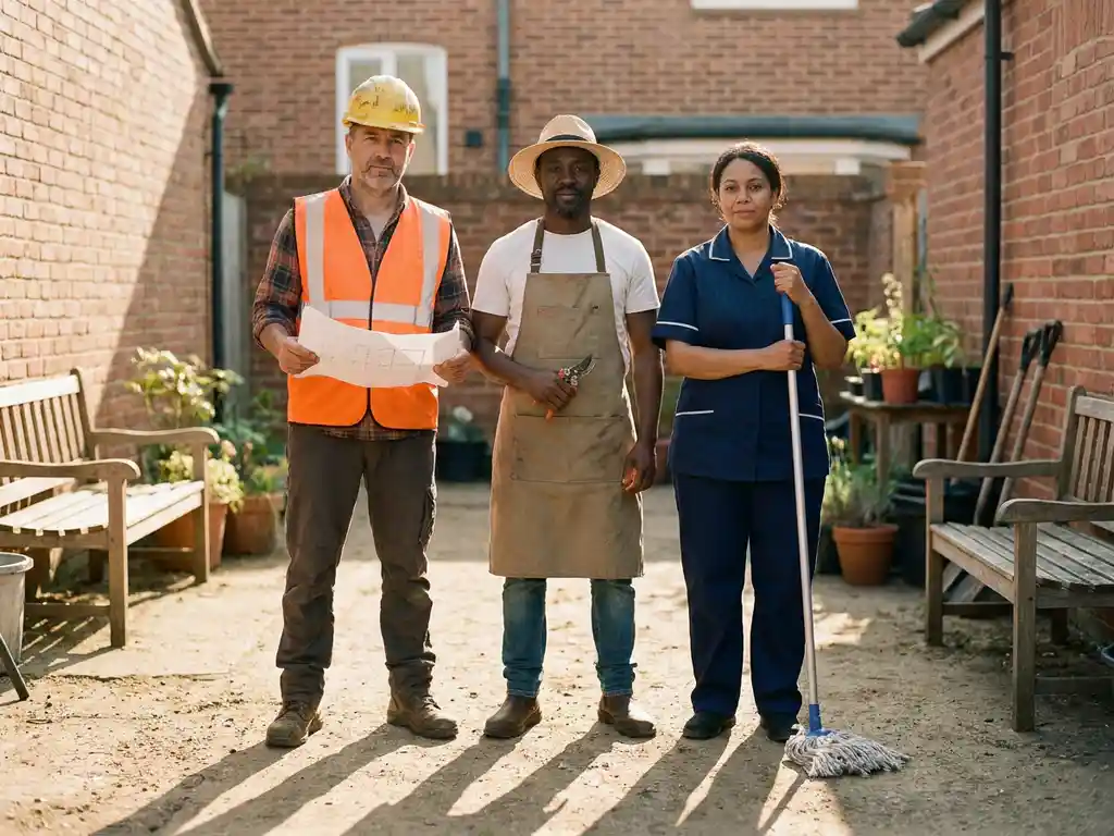 Bouwvakker, tuinman en schoonmaker staan zij aan zij buiten in werktenue, warm middaglicht met lange schaduwen.