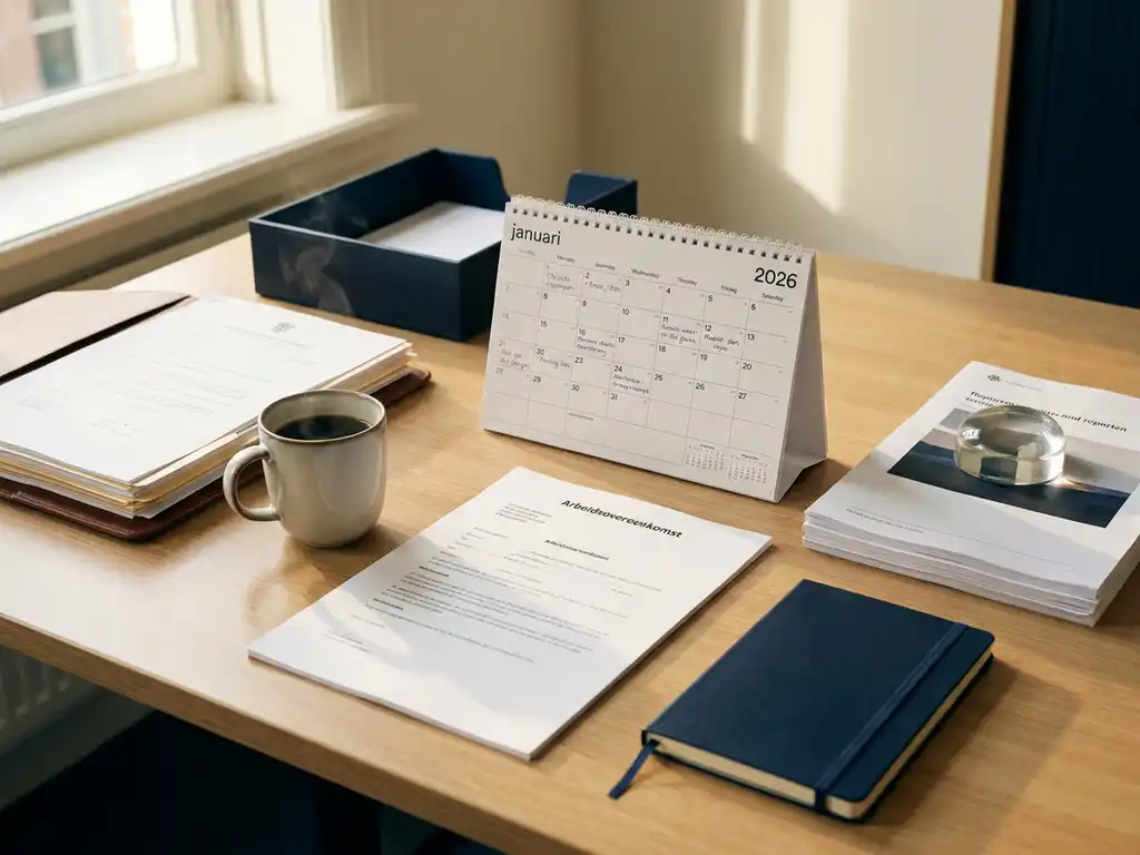 HR-bureau met 2026-kalender, arbeidsovereenkomst en officiële documenten naast een dampende koffiekop, warm ivoor en marineblauw.
