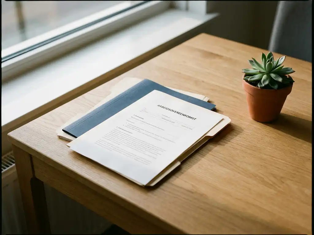 Nederlands arbeidscontract op een houten bureau naast administratiemappen en een kamerplant, in zacht natuurlijk licht.