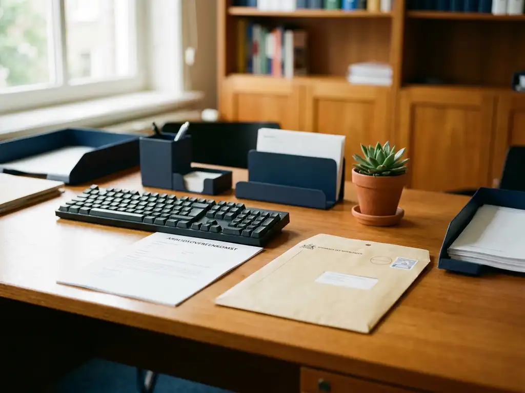 Opgeruimd Nederlands bureau met arbeidscontract, toetsenbord, gestempelde overheidsbrief en kleine kamerplant in warm kantoorlicht.