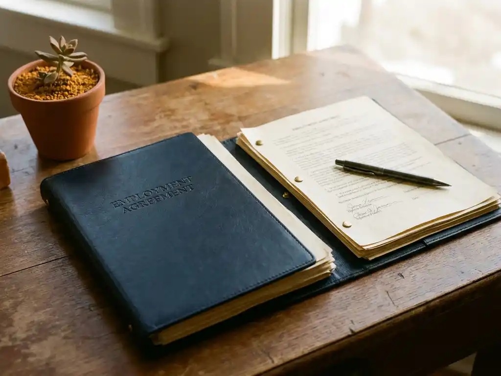 Open arbeidscontract op houten bureau met pen en klein potplantje, warm kantoorlicht, serene sfeer.