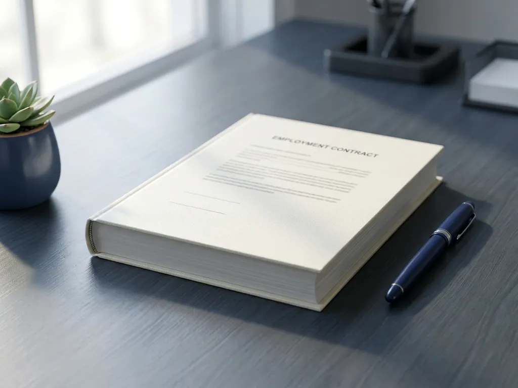 Arbeidscontract op een kantoorbureau met een pen ernaast en een kleine plant, verlicht door zacht natuurlijk licht.