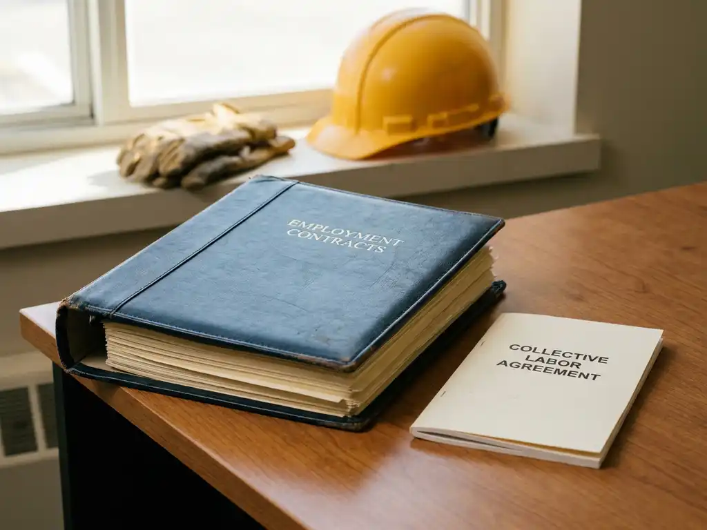 Open arbeidscontract op kantoorbureau naast een cao-document, met bouwhelm en werkhandschoenen op de achtergrond.