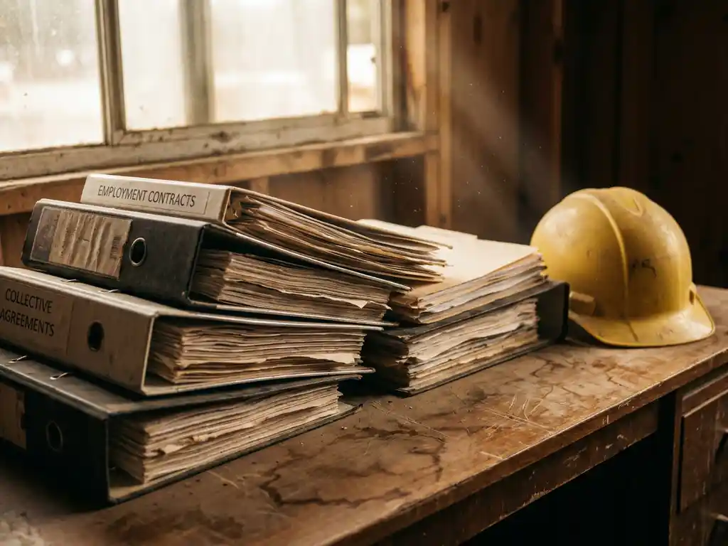 Stapel arbeidscontracten en cao-mappen op een versleten bouwkeet bureau, met een gele bouwhelm ernaast in warm amberkleurig licht.