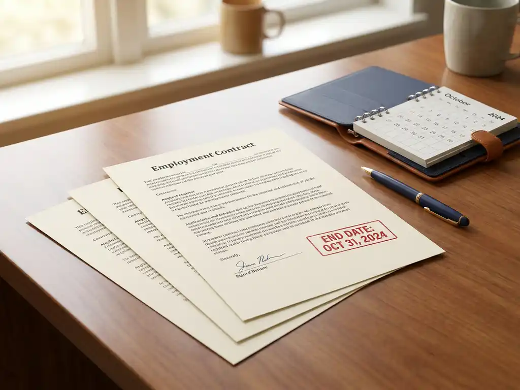 Drie ondertekende tijdelijke arbeidscontracten op een bureau, met einddatumstempel, kalender en pen, in warme tinten.