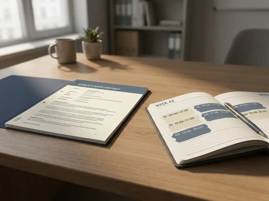 Formeel arbeidscontract naast een weekplanner met onregelmatige diensten op een kantoorbureau, zacht natuurlijk licht.