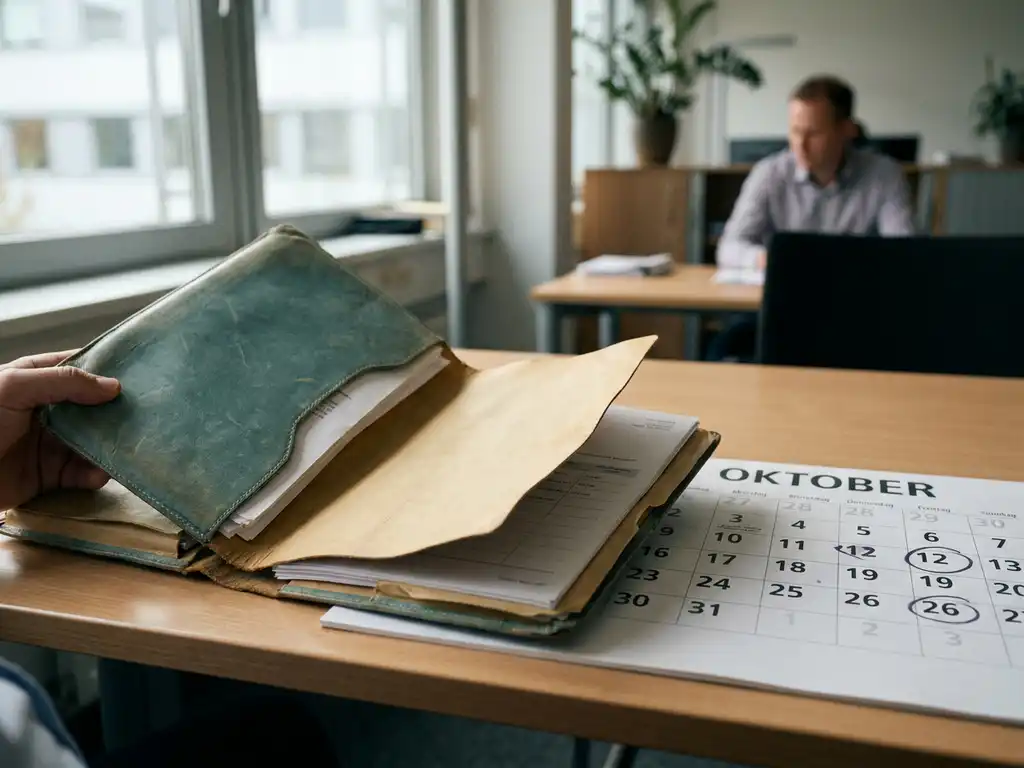 Versleten arbeidscontractmap opengehouden op kantoorbureau met kalender en omcirkelde datums eronder, zacht natuurlijk licht.