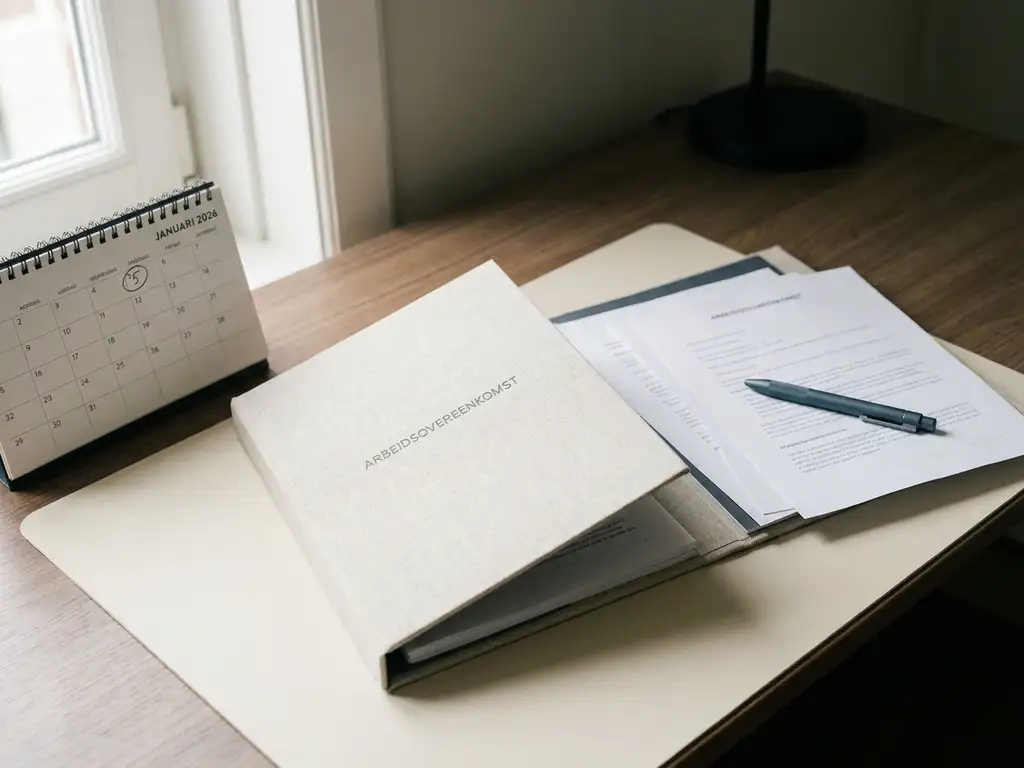Open arbeidscontractmap op kantoorbureau met kalender op januari 2026, pen en uitgeprinte pagina's in zacht natuurlijk licht.