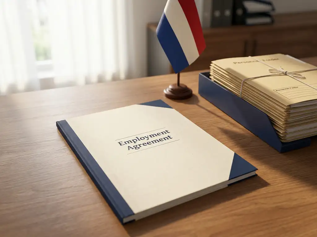 Arbeidscontract op houten bureau naast Nederlandse vlag en personeelsdossiers, warm natuurlijk licht.