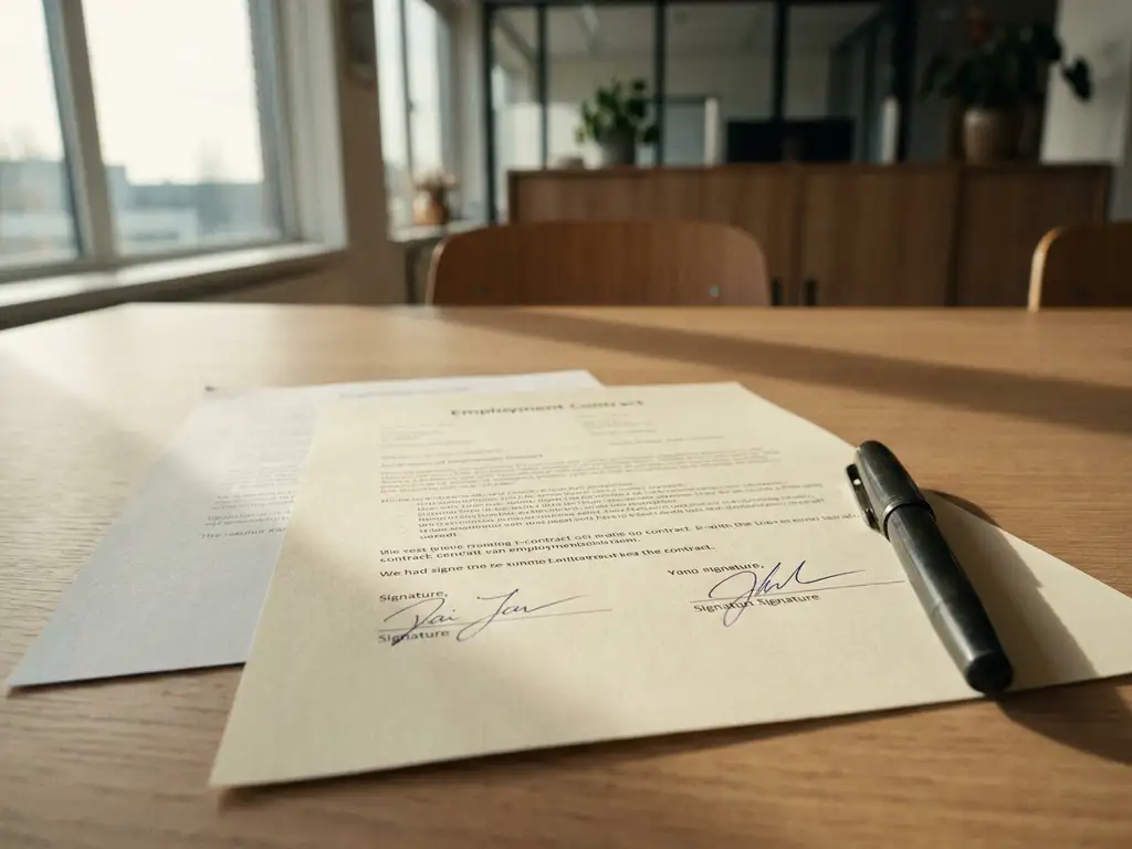 Ondertekend arbeidscontract op kantoorbureau met pen, tweede document eronder geschoven, warm natuurlijk licht, professionele kantooromgeving.