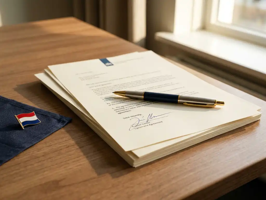 Stapel ondertekende arbeidscontracten op een bureau met een balpen, Nederlandse vlaggenpin en warm natuurlijk licht.