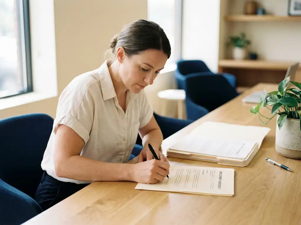 Ondernemer ondertekent arbeidsovereenkomst aan licht eiken bureau, pen en gestapelde papieren op de voorgrond, warm natuurlijk licht.