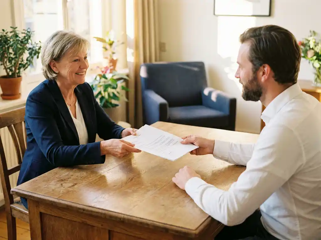 Ondernemer en werknemer wisselen ondertekend arbeidscontract uit aan houten bureau in licht Nederlands kantoor met groene plant.