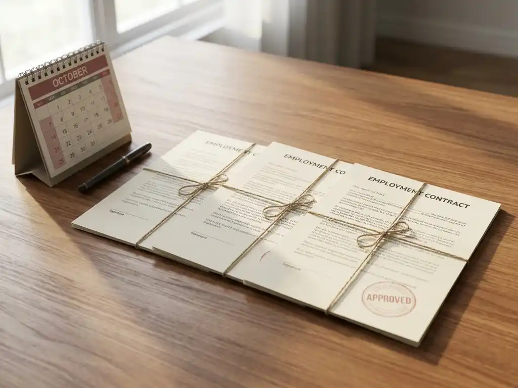 Drie arbeidscontracten op een rij op een houten bureau, het laatste gestempeld in rood, met kalender en pen ernaast.