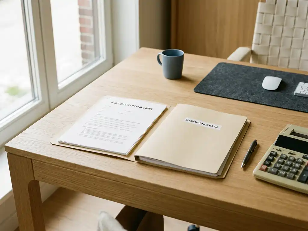 Twee ordners met arbeidscontract en salarisadministratie op een opgeruimd Nederlands bureau, met rekenmachine en pen.
