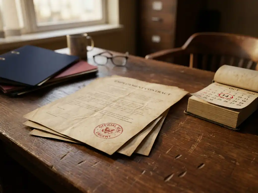 Stapel arbeidscontracten op houten bureau met rood officieel stempel, kalender met omcirkelde datum op de achtergrond.