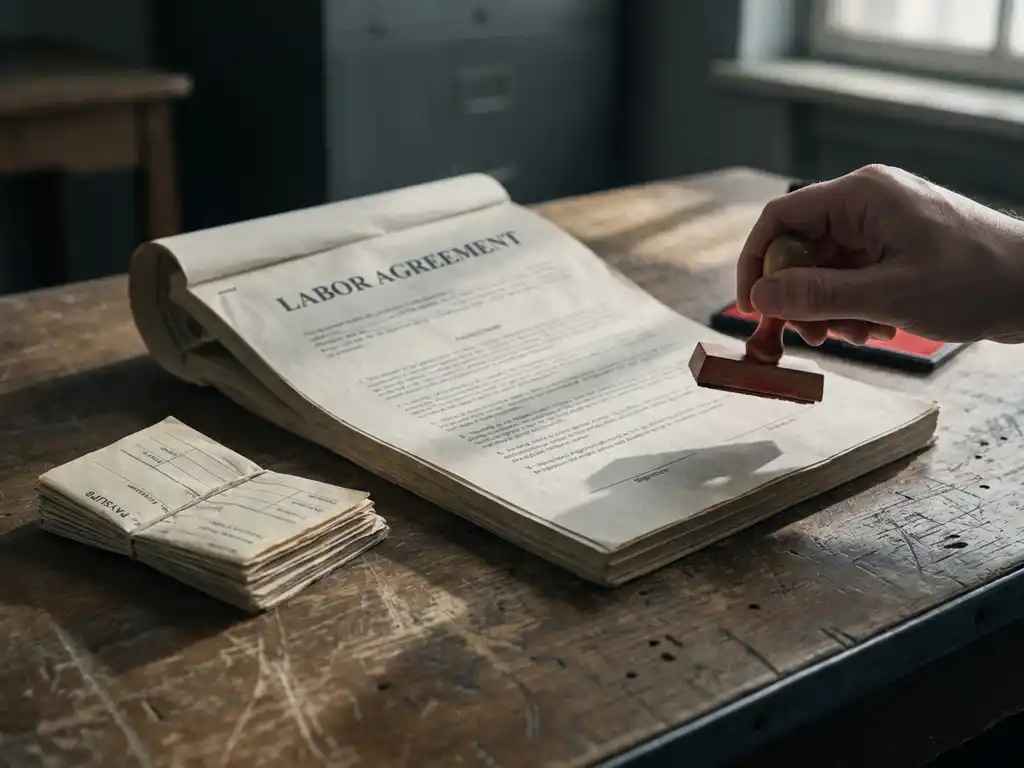 Ongetekend arbeidscontract op versleten houten bureau met rode inktstempel boven de handtekeningregel en loonstrookjes ernaast.