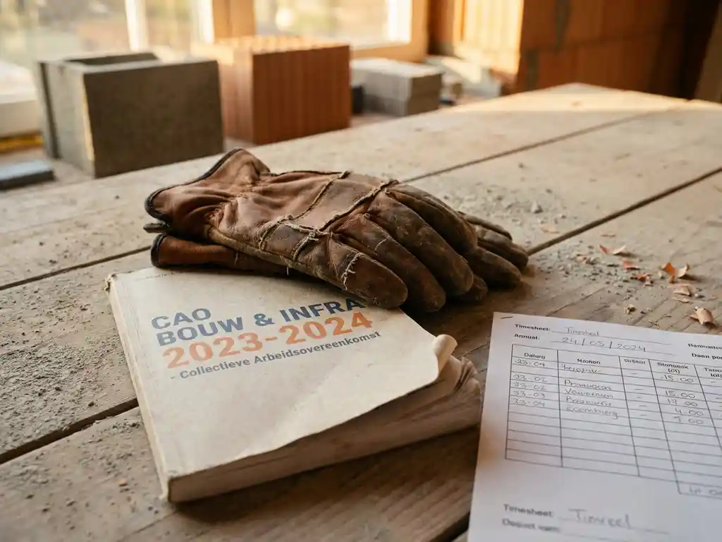 Versleten leren werkhandschoen op een cao-boekje voor de bouw naast een half ingevuld urenstaat op een stoffige bouwplaatstafel.