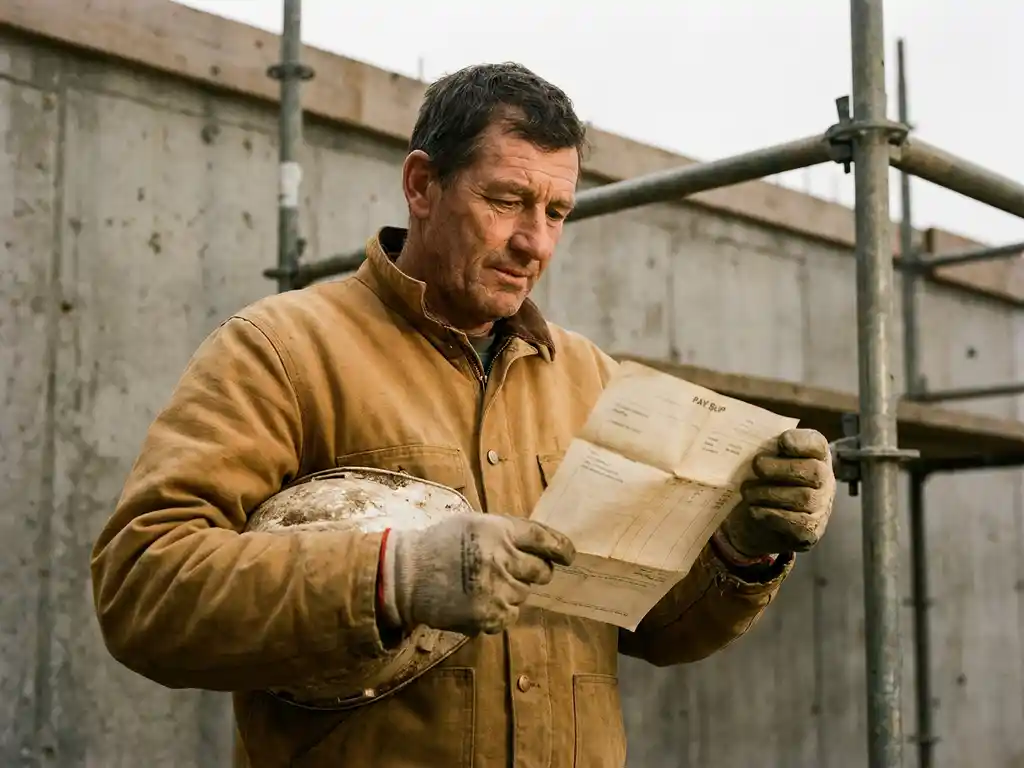 Bouwvakker in werkkleding bestudeert loonstrook op bouwplaats, betonnen muur en steigers op achtergrond, helm onder arm.