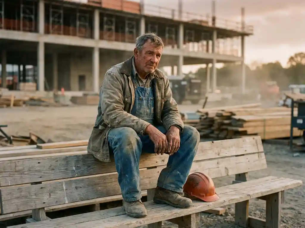 Vermoeide bouwvakker rust op verweerde houten bank bij bouwplaats, harde hoed naast zich, betonnen constructie op de achtergrond.