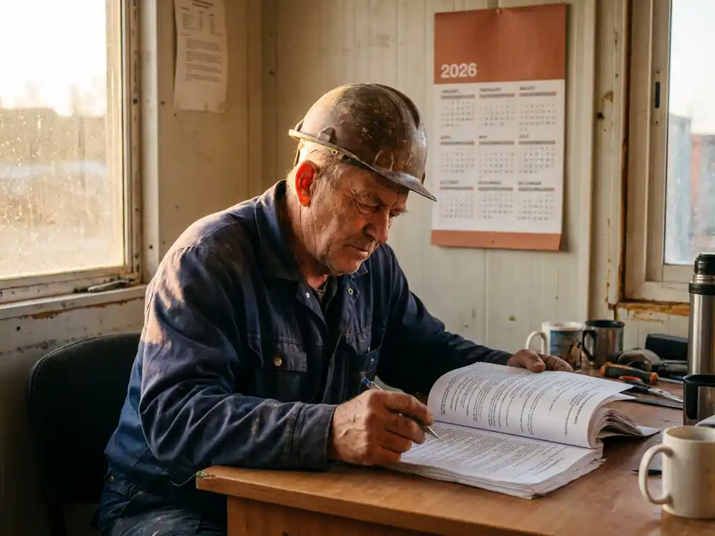 Oudere bouwvakker met helm bestudeert regelgevingsdocumenten aan een houten bureautafel op een bouwplaatskantoor, 2026.