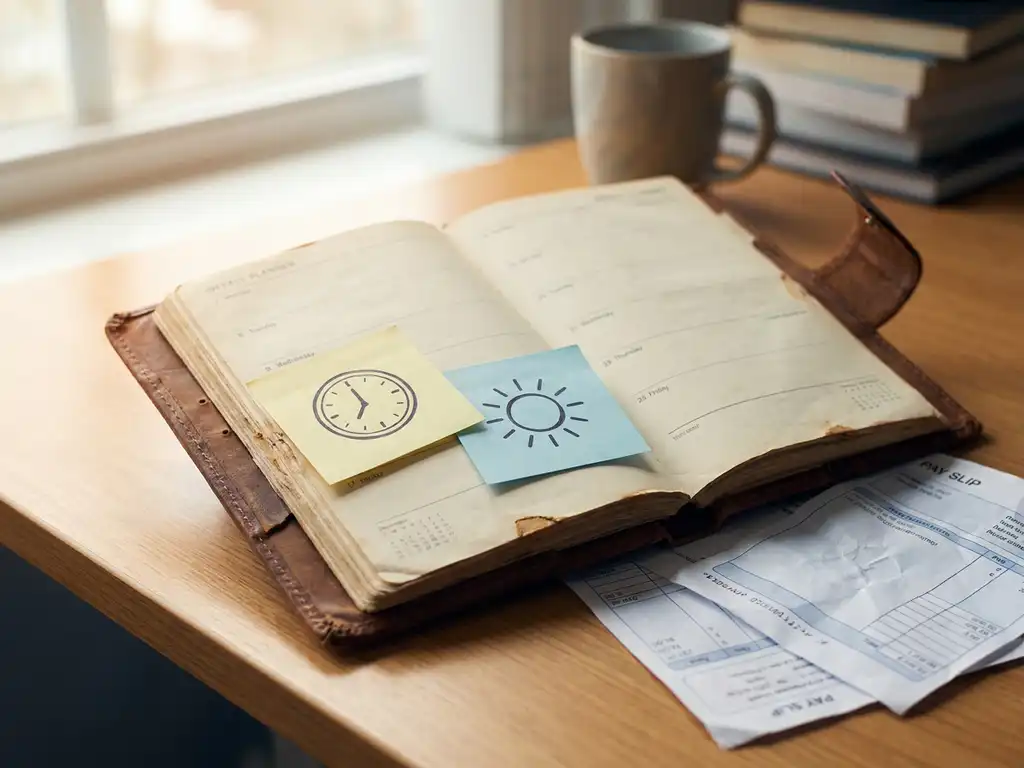 Versleten leren bureaukalender met twee sticky notes — een klok- en een zonpictogram — naast loonstrookjes op een houten bureau.