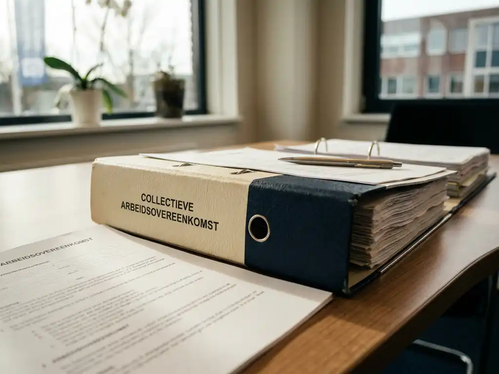 Open cao-map op kantoorbureau met arbeidsovereenkomst en pen, warm natuurlijk licht, professionele kantooromgeving.