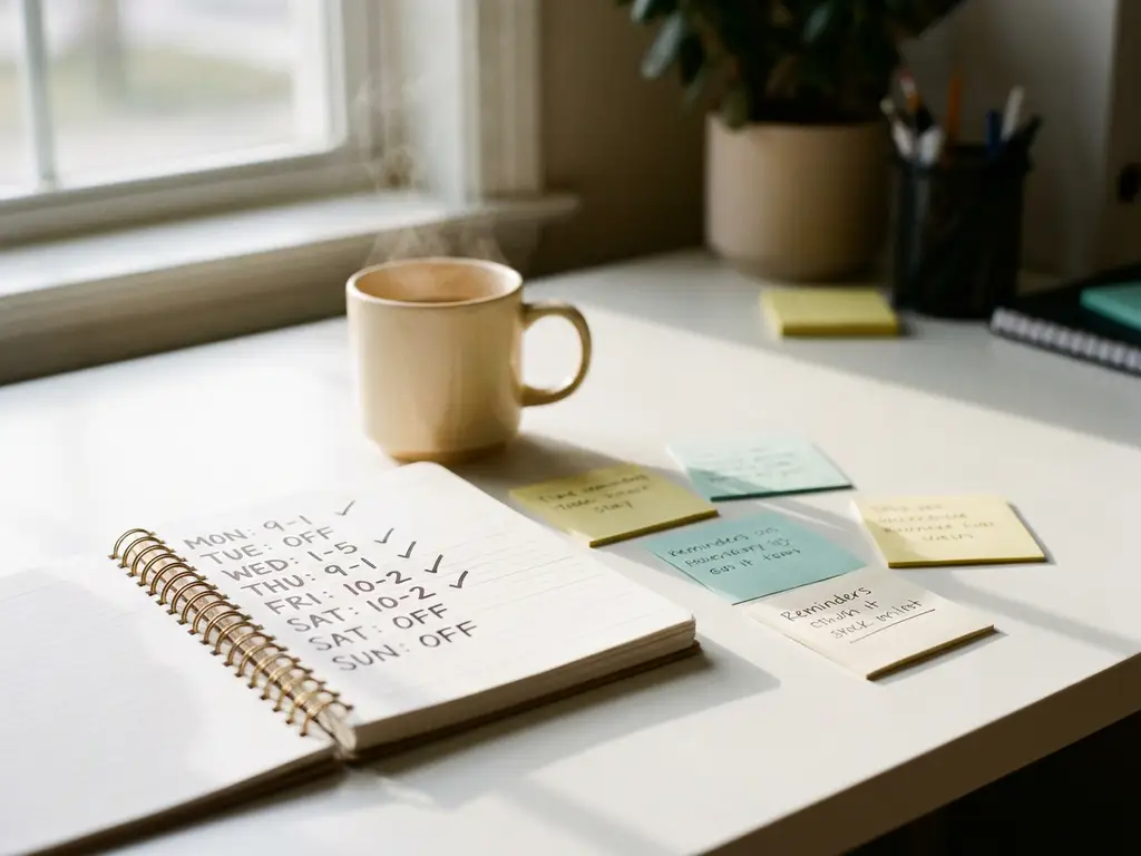 Open papieren agenda met gemarkeerd kalenderrooster naast dampende koffie, gele en groene sticky notes op wit bureau in zacht natuurlijk licht.