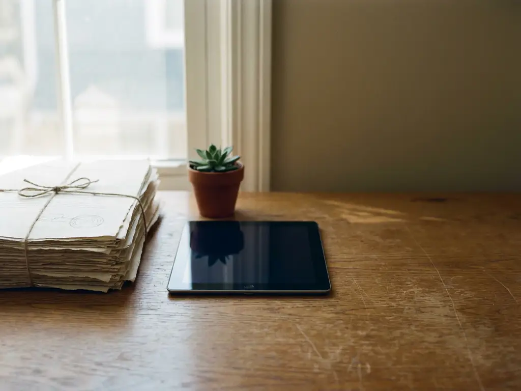 Stapel loonstrookjes en gestempelde contracten naast een digitale tablet op een eiken bureau, symboliseert digitalisering van salarisadministratie.