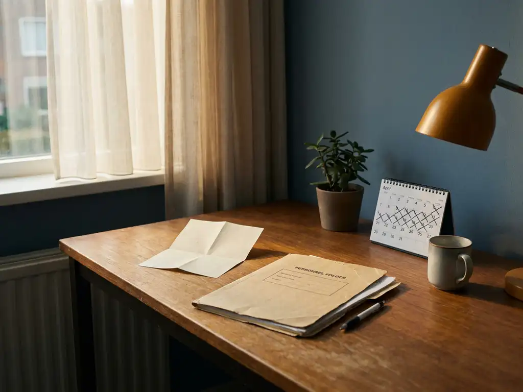 Leeg bureau met opgevouwen doktersverklaring, personeelsdossier en kalender met afgestreepte weken in een Nederlands kantoor.