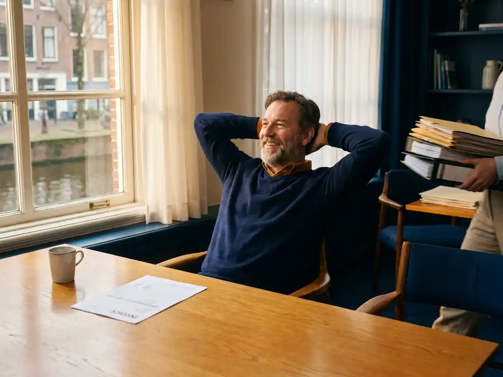 Ondernemer ontspannen aan eikenhouten bureau met één factuur, vervangt stapels salarisadministratie, warm Nederlands kantoor met middaglicht.