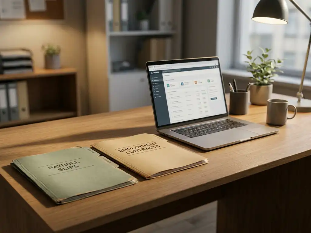 Eiken bureau met twee papieren mappen voor loonstroken en arbeidscontracten naast een open laptop in een warm verlicht HR-kantoor.