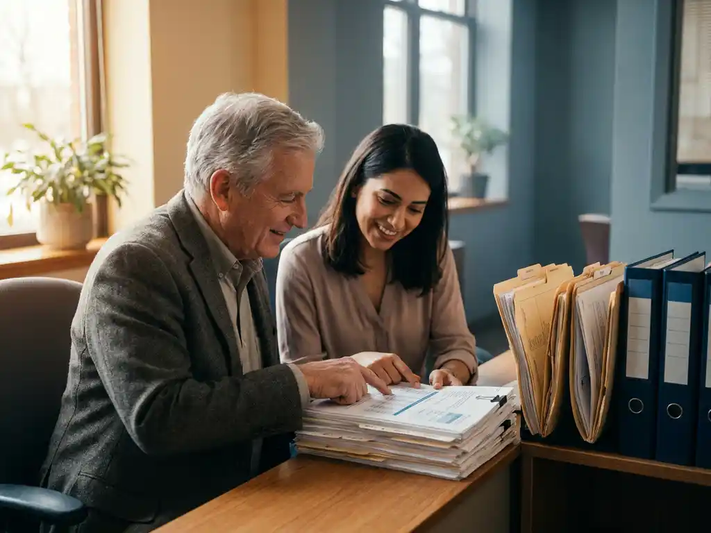 Senior medewerker en jongere collega bekijken HR-documenten samen aan een opgeruimd kantoorbureau met ordners en mappen.