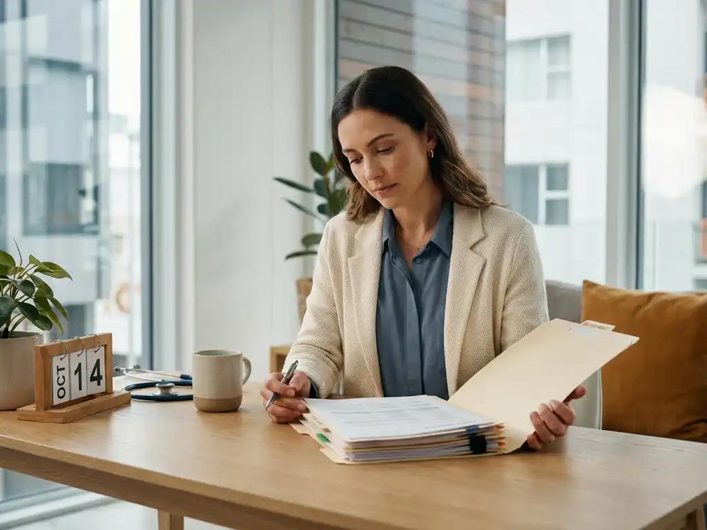 HR-manager bekijkt georganiseerd verzuimdossier op kantoorbureau met kalender en stethoscoop, warm natuurlijk licht.