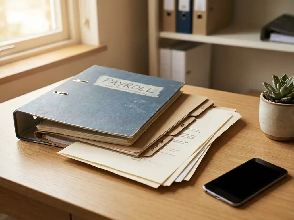 HR-map met contractpapieren en salarisadministratie op kantoorbureau, omringd door smartphone en kamerplant in warm kantoorlicht.