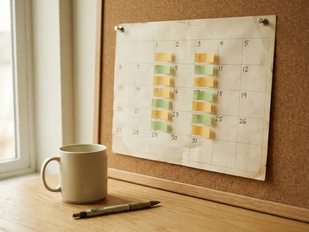 Verouderde papieren kalender op kurkbord met gele en groene sticky tabs, koffiekopje en pen op licht eiken bureau.